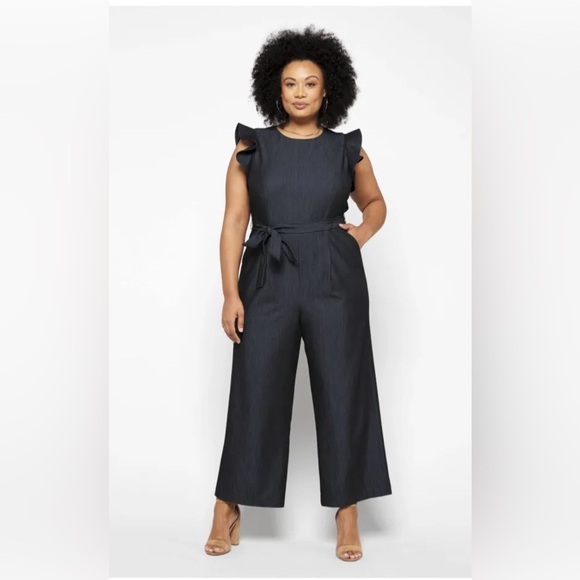 Calvin Klein Denim Flutter Sleeve Jumpsuit Navy Women’s Plus Size 18W Wide Leg - Picture 2 of 16